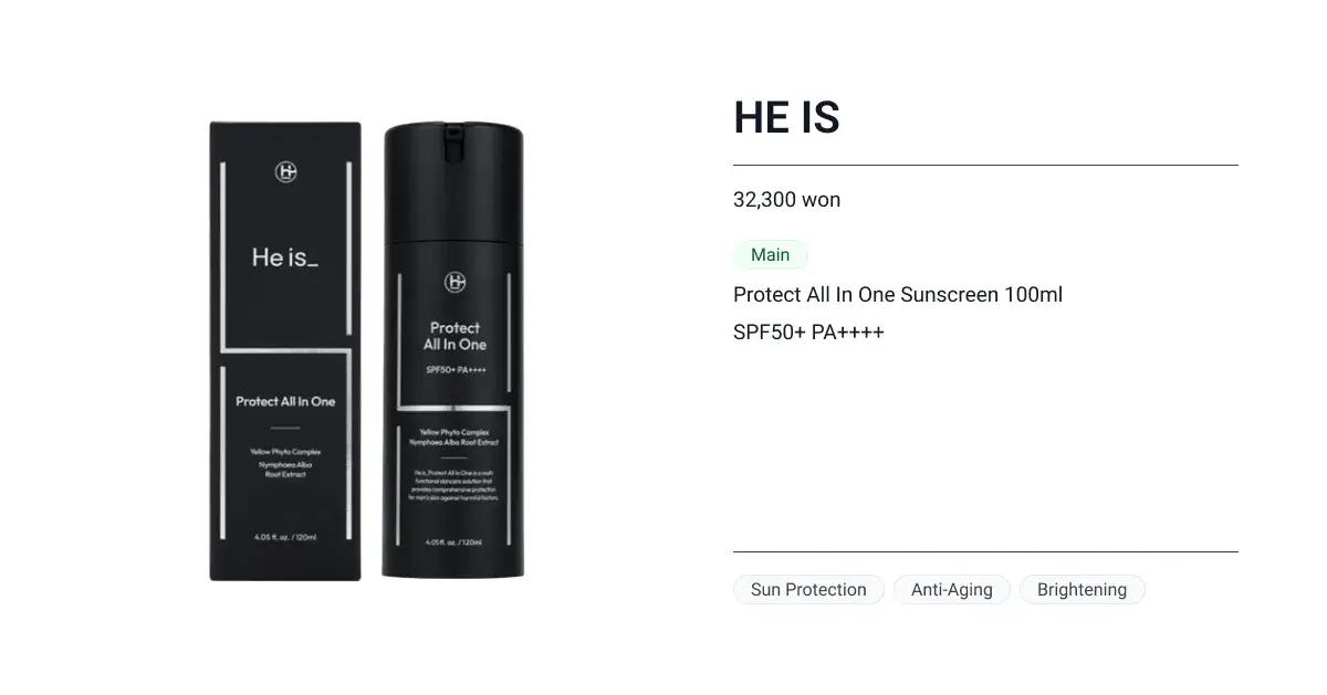 HE IS All-in-One Korean sunscreen for men with SPF50+ PA++++, essential for a daily skincare routine