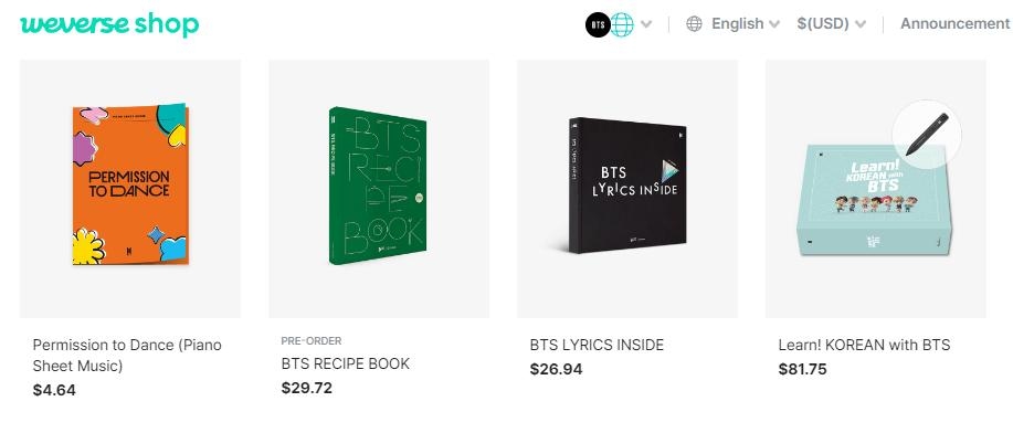 weverse bts merchandise page