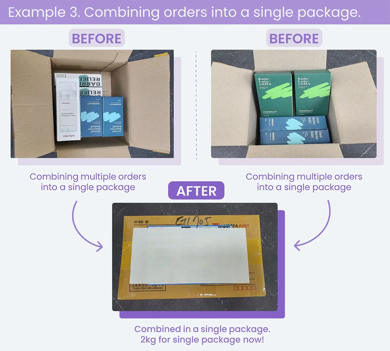 Combining multiple orders into a single package when shipping from Korea