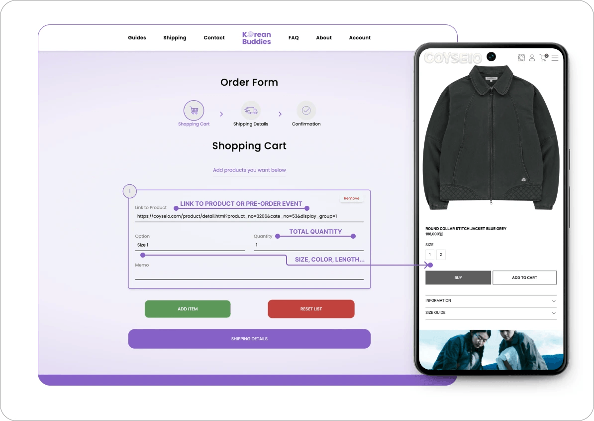 When placing an order, make sure to provide the correct product link, selected options (such as color, size, length, and add-ons), and the total quantity for all chosen options.