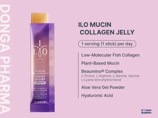 Product shot of ILO Mucin Collagen Jelly with key ingredients listed on the packaging