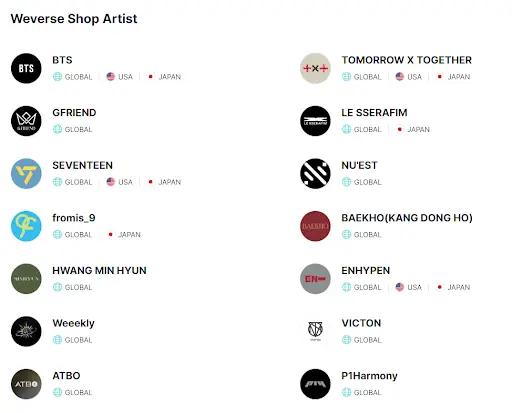 Weverse KPOP Artist List