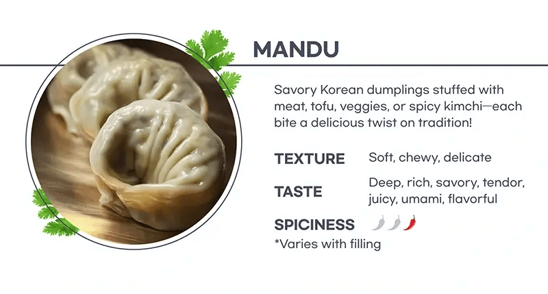 Mandu, Korean dumplings stuffed with a flavorful mixture of meat, garlic, and vegetables.