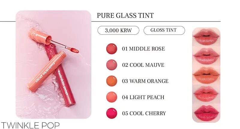 TWINKLE POP Daiso gloss tintTWINKLE POP Daiso gloss tint 5 colors: middle rose, cool mauve, warm orange, light peach, and cool cherry