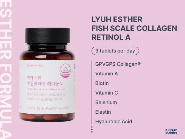 Lyuh Esther Fish Scale Collagen Retinol A, top Korean collagen supplement, featuring tablets and product packaging