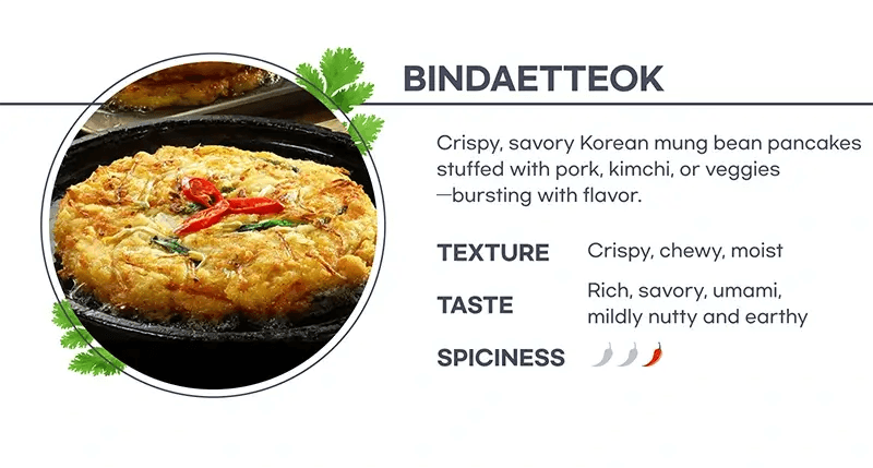 Bindaetteok, traditional Korean pancakes made from ground mung beans, vegetables, and meat, fried to golden perfection.