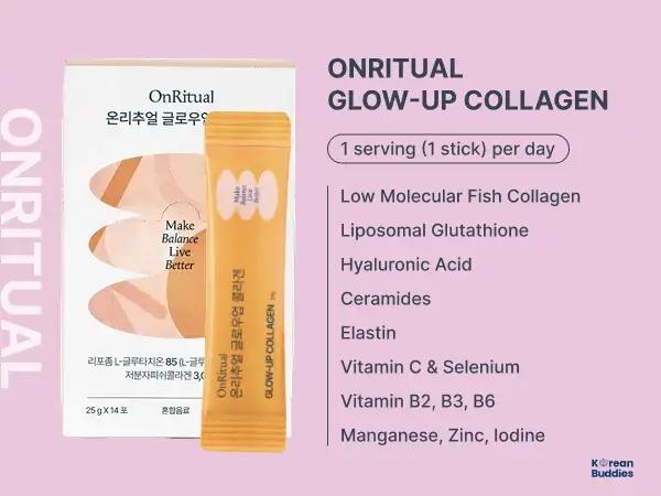 OnRitual Collagen Stick in bright orange packaging reflecting tropical fruit flavor, with key ingredients listed
