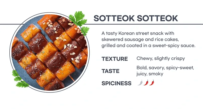Delicious sotteok sotteok, Korean street food skewers with chewy rice cakes and savory sausage, drizzled with sweet and spicy sauce.