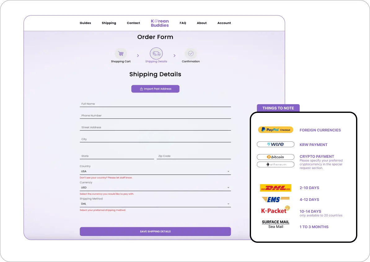 Filling in shipping details, shipping method, and preferred currency.