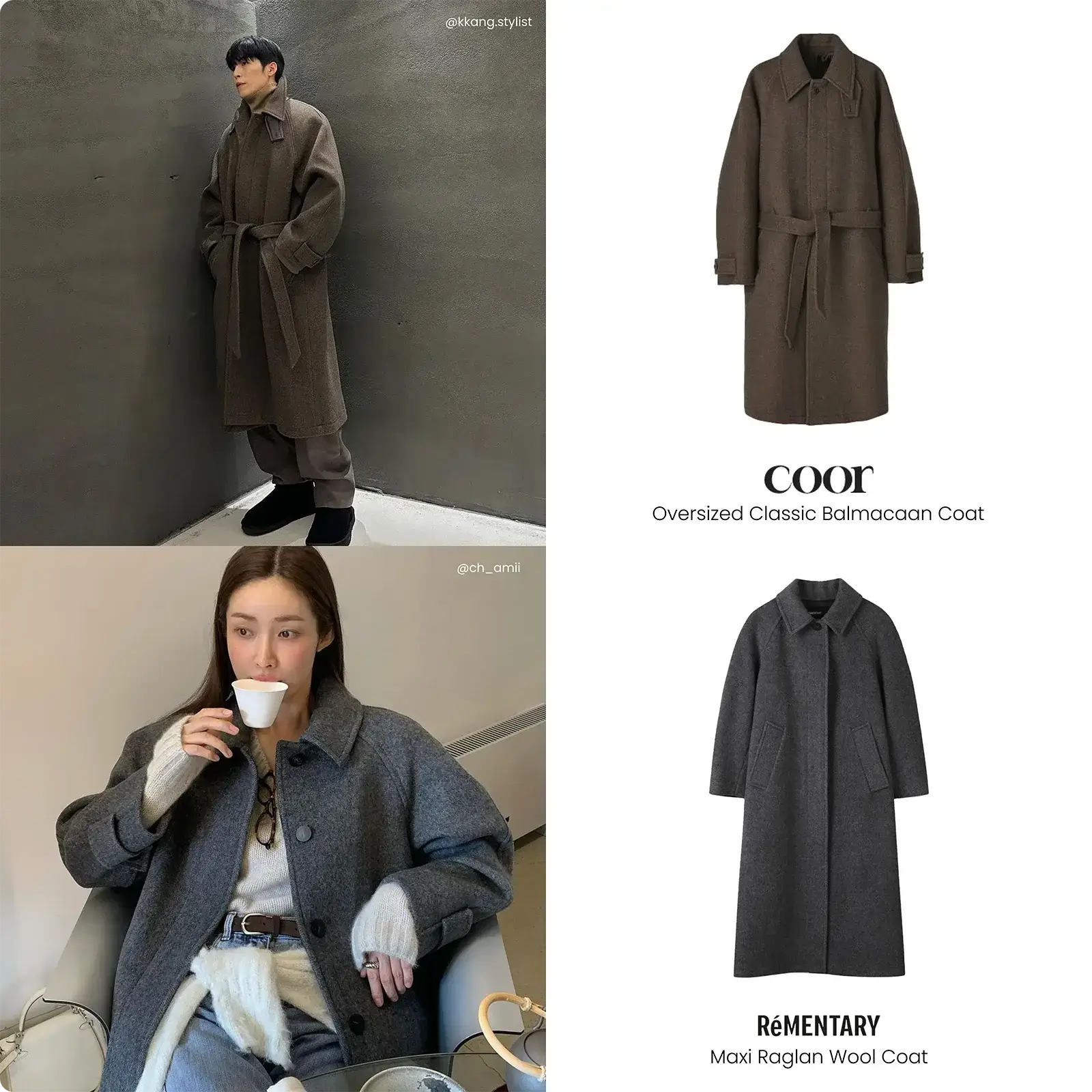 Korean balmacaan coats from Coor and Rementary