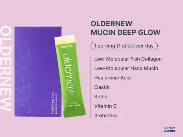Product shot of Oldernew collagen jelly stick alongside its branded packaging